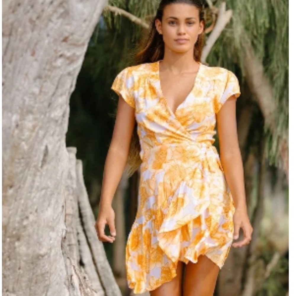 Anthropologie Yellow & White Floral Swim Coverup Wrap Dress